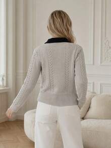 Women's Polo Collar Half-Button Cable Knit Sweater, Vintage Slim Fit Cropped Long Sleeve Preppy Commuter Inner Layer Top - Apricot Color - View 5
