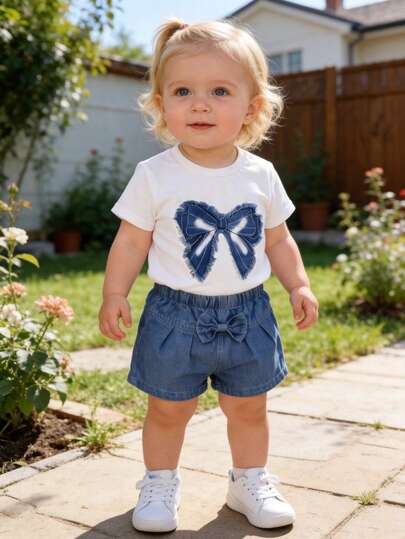 Bộ 2 món cho bé gái phong cách tối giản dễ thương, áo thun ngắn tay cổ tròn in nơ và quần short jean denim nơ 3D, mặc thường ngày dã ngoại, phù hợp du lịch gia đình, mùa xuân/hè