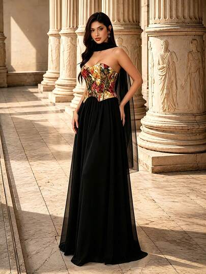 Đầm maxi cúp ngực Mgiacy màu đen thanh lịch phong cách vintage họa tiết hoa jacquard kiểu corset, kèm khăn choàng voan mỏng, váy dự tiệc cưới, tiệc khiêu vũ, du lịch và lễ hội