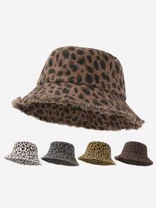 1pc Vintage Leopard Print Frayed Edge Bucket Hat, Adjustable Rope Design, Beach Vacation Sun Protection Hat - Drawstring Leopard Print Fisherman's Hat - View 2
