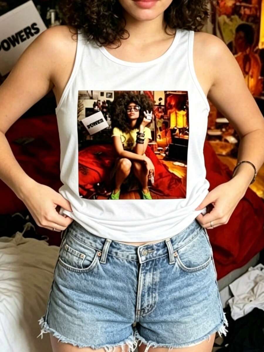 Erykah Badu Retro Print Sleeveless Top, Casual Summer Tank Top For Women, Summer Outfits For Women - 白色5 - 查看 1