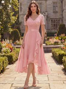 MIUSOL V-Neck Sequin Lace Patchwork Chiffon Ruffle Hem Elegant Ball Party Maxi Dress, Suitable For Wedding Guests, Evening Banquets Pink Summer - Pink - View 5