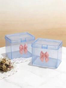 2pcs Cute Bow Transparent Plastic Storage Boxes, Glitter Desktop Organizer, Dust-Proof Makeup Jewelry Stationery Small Items Storage Box, Pink/Blue, Great Value Must-Have Gift, Best Gift For Christmas, Halloween, Back To School Season - Multicolor - View 2
