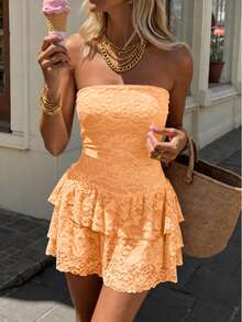 Dila Polly 女款純色蕾絲修身抹胸性感迷你洋裝，可愛橘色抹胸迷你洋裝配蛋糕裙與內建短褲，適合時尚派對、旅行度假、田園下午茶、好友聚會、週末出遊等場合，秋季/四季穿著 - 橘色 - 查看 8