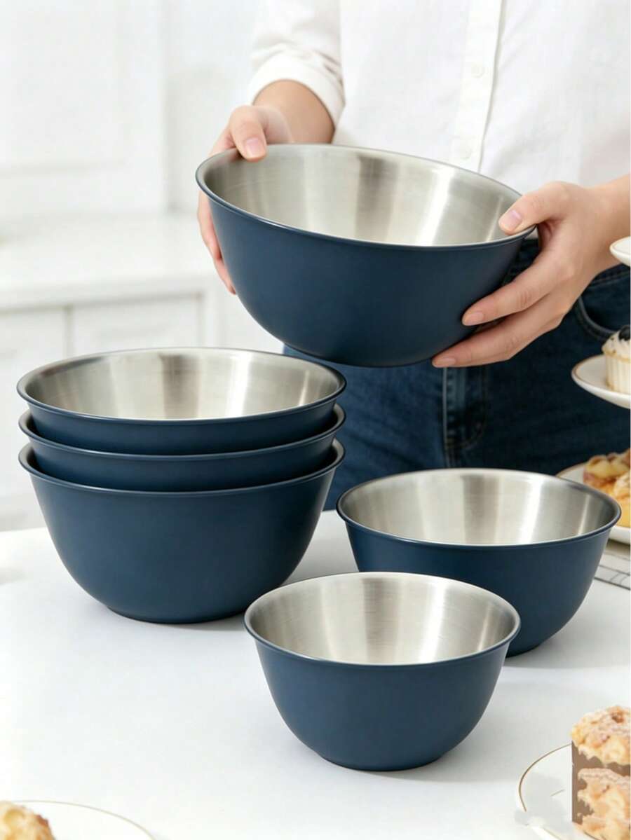 Nesting Stainless Steel Mixing Bowls Set, Matte Colored Exterior Metal Salad Bowls, Stackable Nesting Multi-Size Metal Mixing Bowls, Serving Prep Bowls For Kitchen Baking, Salad, Fruit, Noodles, Food Storage - Navy Blue - View 1