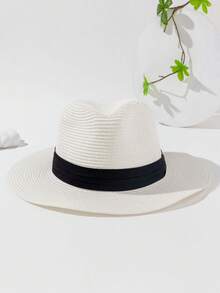 Women's Colorblock Fashion Summer Sun Protection Versatile Woven Jazz Wide Brim Straw Hat, 1pc - Khaki - View 3