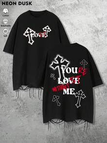 1pc Men's Gothic Hip Hop Street Style Cross Slogan Graphic Print T-Shirt With Tassel Hem, Soft Breathable Short Sleeve, Suitable For Daily Wear - Black - View 1
