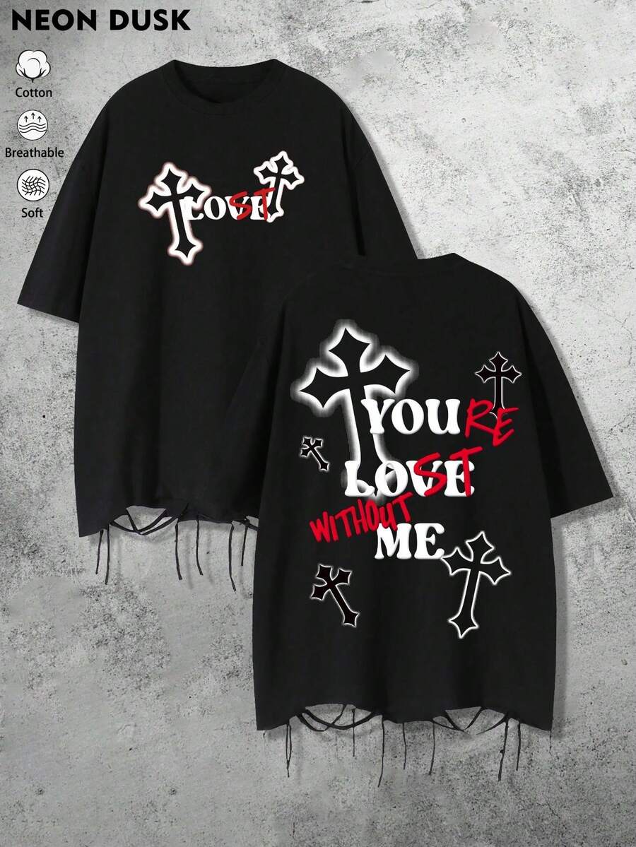 1pc Men's Gothic Hip Hop Street Style Cross Slogan Graphic Print T-Shirt With Tassel Hem, Soft Breathable Short Sleeve, Suitable For Daily Wear - Black - View 1