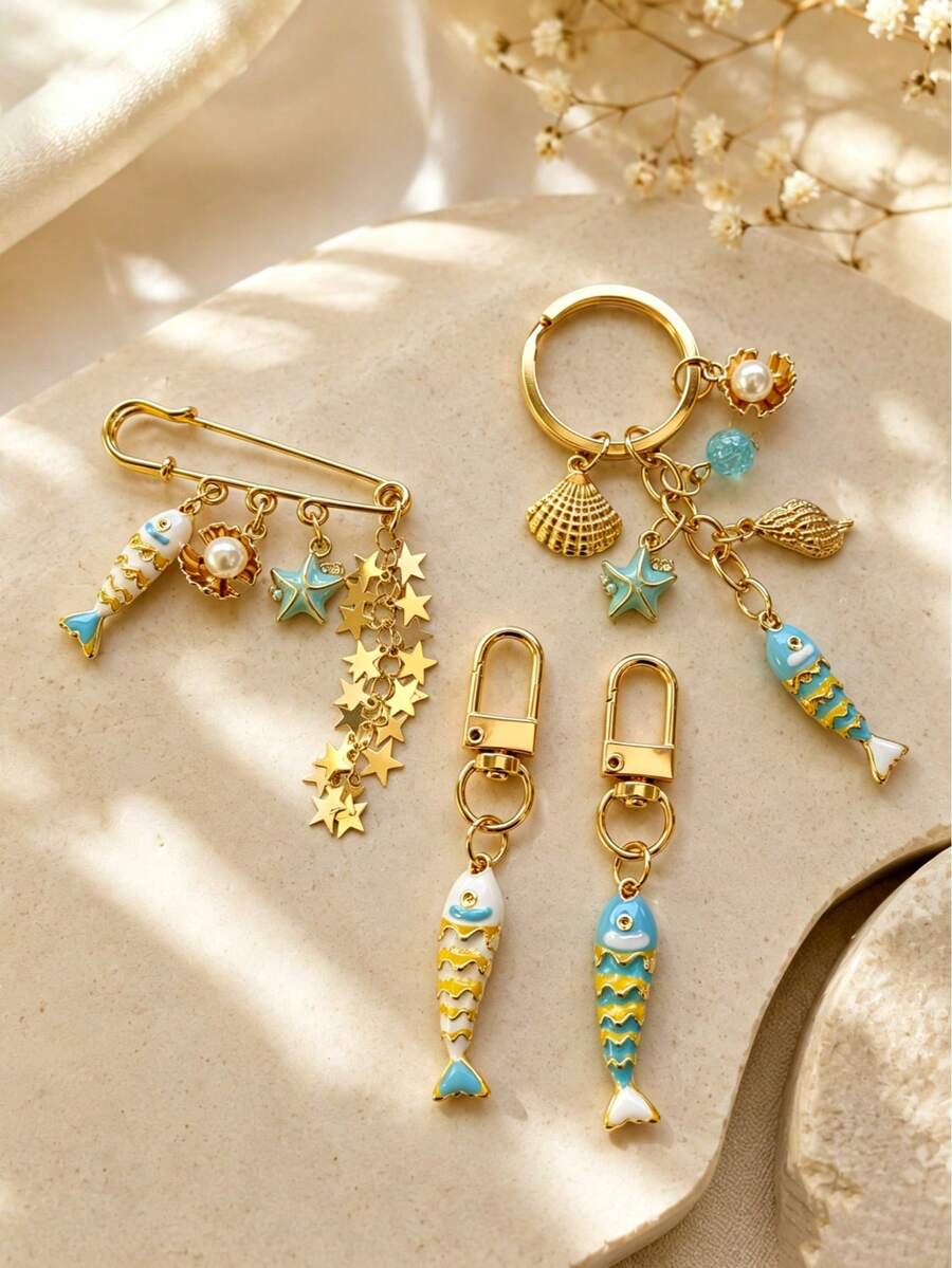 1件/多件裝 女款海洋系列魚貝殼海星吊飾鑰匙圈 夏季海洋風包包掛飾 - 彩色 - 查看 1