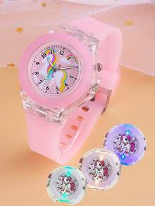 2pcs Cute Girls Silicone Pink Watch With Glow-In-The-Dark Rainbow Horse Jelly Design And Bowknot Leather Wallet, Daily Use - Pink - View 7