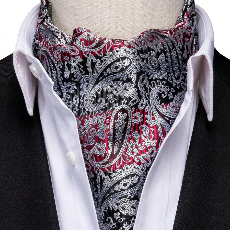 Black Base Red White Striped Paisley Ascot Cravat 3 In 1 Accessory Pack,Mens Evening Party Matching Pocket Square Cufflink Kit - Multicolor - View 1