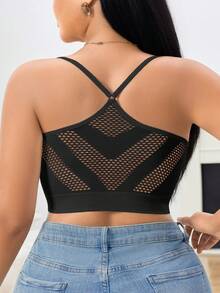 1pc Plus Size Seamless Mesh Hollow Out Breathable Women's Bra And Underwear, Comfortable Backless Seamless Plus Size Bra And Camisole - Black - View 6