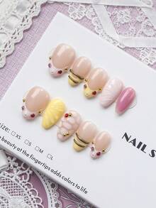 10pcs Handmade Medium Almond Shape Classic French Pressed Flower False Nails, Gold Beads With Hand-Carved Floral Design, Pink Yellow Solid Color, Red Gold Pink Polka Dot Pattern, Suitable For Party, Dance, Daily Wear, Comes With Tool Set, Perfect Gift For Women And Girls - Multicolor - View 2