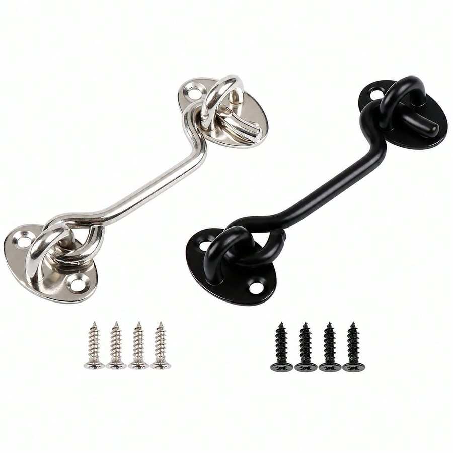 1 Set 4-Inch Black/Silver Barn Style Simple Door Lock Hardware, Sliding Eye Hook Lock With Screws, Rust-Resistant Metal Lock For Privacy Protection, Suitable For Indoor Doors, Windows, Wooden Fences And Garage Doors - A - View 1