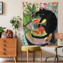 1pc Curious Cat Tapestry Wall Hanging, Cat & Goldfish Pattern, Tropical Plant Art, Dorm Bedroom Gift Tapestry, 95 X 73 Cm (Excluding Installation & Packaging) - Multicolor - View 2