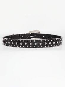 1 pieza Cinturón de hombre estilo punk rock Y2K de mezclilla plateada con remaches de estrella e incrustaciones de strass, accesorio versátil para jeans, adecuado para uso diario - Negro - Ver 5