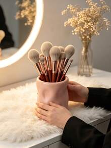 Large Capacity Makeup Brush Holder, Asymmetrical Wavy Pink Cosmetic Storage Box, Suitable For Vanity, Bathroom And Bedroom, Exquisite Desktop Organizer, Large Capacity Cosmetic Storage Cup, Smooth Glazed Vanity Organizer, Ideal Gift For Women, Home Decor - B - View 8