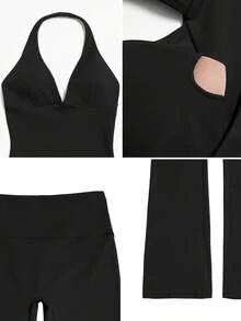 NcmRyu Women's One Set Slim Fit Solid Color Deep V-Neck Flared Pants Backless Sports Outfit - Black - View 4