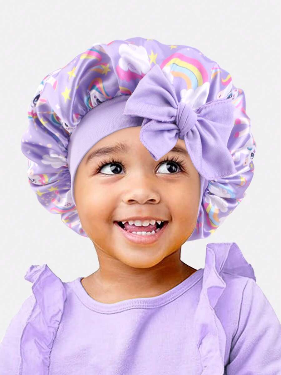 1 pieza Gorro redondo de satén con cinta elástica estampada, accesorio para el cabello infantil, adecuado para uso diario - Unicornio violeta - Ver 1