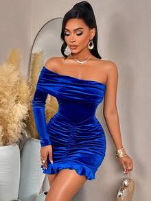 AIJ Women's Blue Velvet Fitted Mini Dress, Asymmetrical Neckline Long Sleeve Ruched Pencil Skirt, Suitable For Party Occasions - Royal Blue - View 5