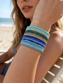 16pcs Vintage Fashion Elegant Exquisite Colorful Rice Bead Multi-Layer Beaded Bracelet Set, Suitable For Girls Daily Casual, Outings, Banquets, Music Festivals, Parties, Beach Vacations, Holiday Gifts - Multicolor - View 2