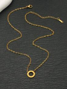 1pc New Hollow Circle Stainless Steel Roman Numeral Pendant Necklace, Fashion Jewelry For Women - Gold - View 5