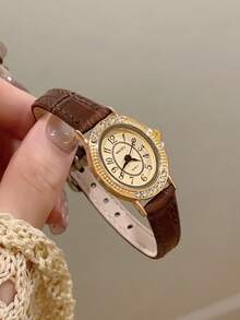 1pc Women's Oval Roman Numeral Casual Elegant Quartz Wrist Watch, Suitable For Daily Wear - Brown - View 1