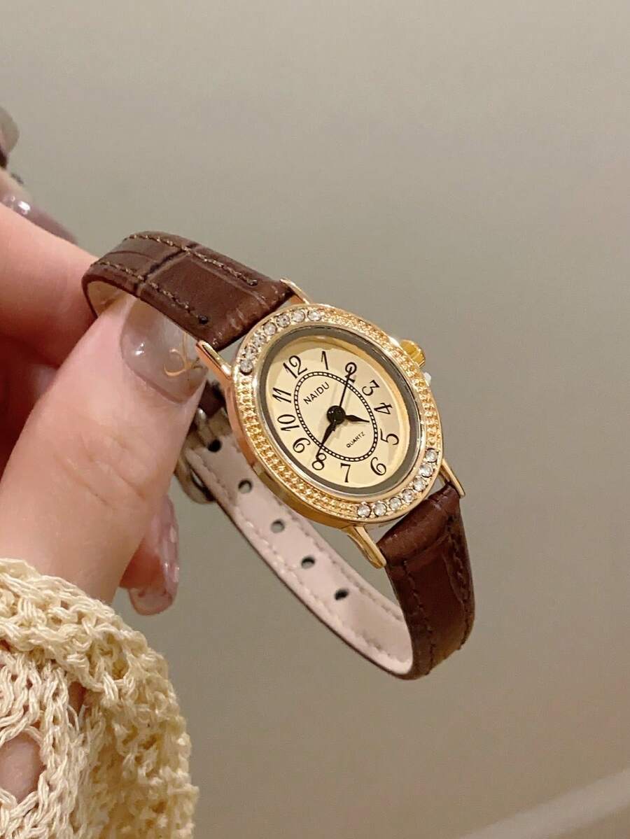 1pc Women's Oval Roman Numeral Casual Elegant Quartz Wrist Watch, Suitable For Daily Wear - Brown - View 1