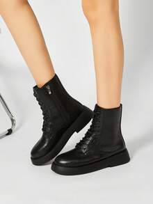 Women's Lace-Up Side Zipper Boots, Thick Sole Motorcycle Boots, Flat Mid-Calf Boots - Black - View 2