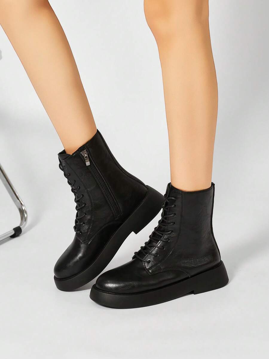 Women's Lace-Up Side Zipper Boots, Thick Sole Motorcycle Boots, Flat Mid-Calf Boots