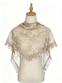 1件女款刺繡提花蕾絲流蘇三角圍巾，復古簡約百搭披肩圍巾，適合日常穿著，也適合所有場合 - 卡其色 - 查看 4