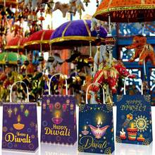 6/12pcs Happy Diwali Theme Festival Party Gift Bags, Kraft Paper Tote Bags For Diwali Celebration - Multicolor - View 2