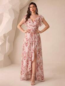 [Random Cut Floral Pattern]Women's Front And Back V-Neck Ruffle Sleeve Elegant Elegant Digital Print Chiffon Bridesmaid Dress - Redwood - View 4