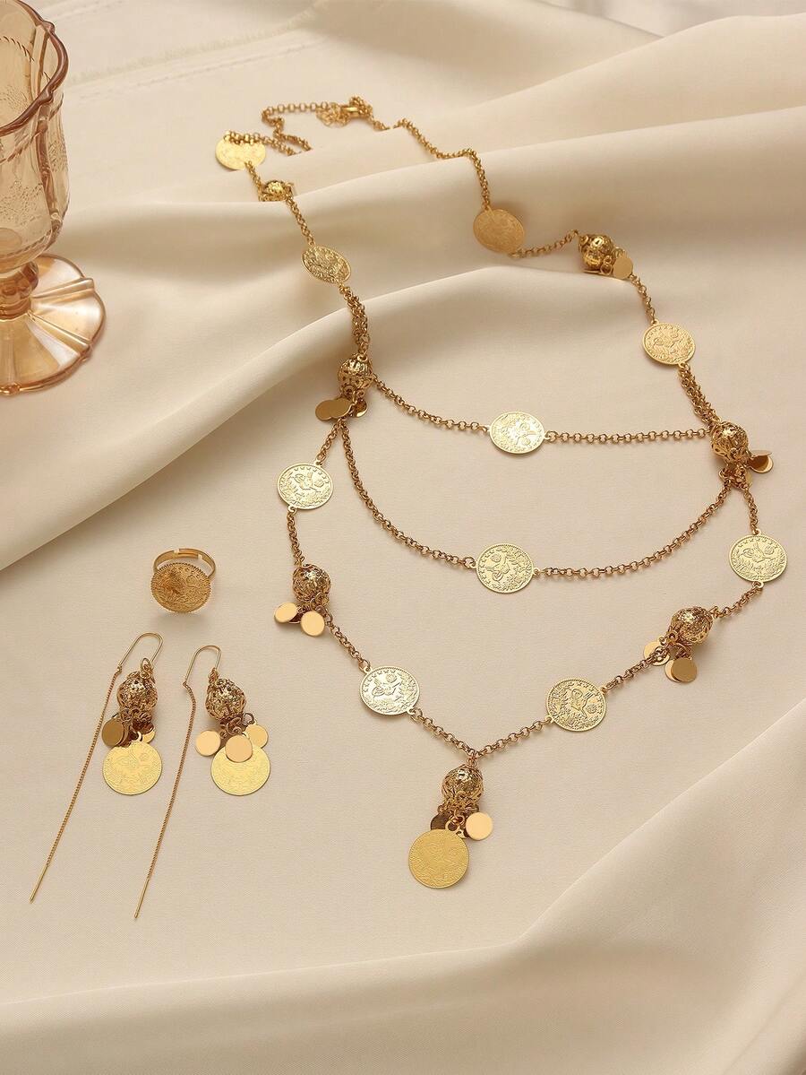 1 Set Exquisite Copper Alloy Coin Chain Necklace, Earrings And Ring Set, Suitable For Women's Daily Wear And Holiday Gift - Yellow Gold - View 1