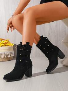 Women's Summer Hollow Carved Western Ankle Boots, Chunky Heel Rivet Breathable Mid-Calf Boots, Vintage Versatile Boots - Black - View 3