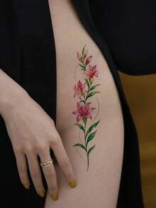 10件裝彩色長脊紋身貼紙，包含花朵、葉子、蝴蝶等多種圖案，可自由組合貼在背部、胸部、手臂、腿部等部位 - 彩色 - 查看 2