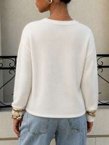 Women's White Long Sleeve Round Neck Drop Shoulder Knitted Top, Cozy Regular Length Pullover For Fall - Apricot - View 2