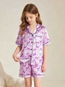 Piyama 4 Potong Motif Pita Hitam & Ungu untuk Anak Perempuan Usia 8-12 Tahun - MultiWarna - View 9