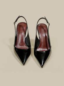 ManLuZi Women's Black Pointed Toe Patent Leather Stiletto High Heel Pumps, Elegant Formal Fashion Closed-Toe Buckle Party Evening Shoes With Slingback Strap - Black - View 4