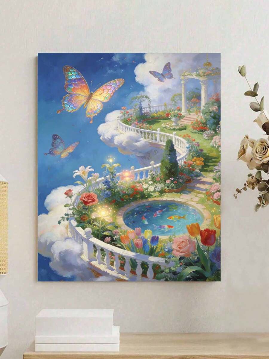 Pintura al óleo DIY por números de Paraíso del Jardín de Mariposas, cielo soñador, flores, estanque de carpas koi, manualidades de pintura, decoración del hogar para adultos, 8x12/16x20 pulgadas, regalos festivos, sin marco - Conjuntos - Ver 1