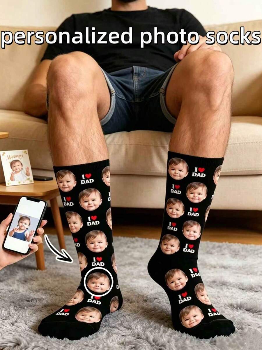 1 Pair Unisex Personalized Face Print Socks - Personalized Father's Day Gift, Unique Gift For Dad, Soft Knitted Photo Socks Perfect For Daily Wear, Holidays, Anniversaries, Father's Day And Gifting Occasions - Multicolor - View 1
