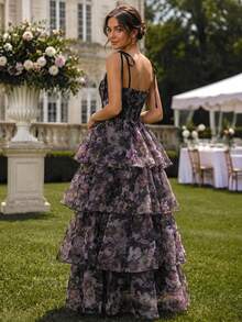 Perirose Women's Purple Romantic Cottagecore Floral Print Tie Spaghetti Strap Multi Layered Tiered Ruffle Maxi Dress Summer Fall Wedding Guest Vacation Party - Black - View 7