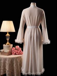 Spring And Summer French Retro Court-Style White Pleated Lace Long Cardigan Morning Gown, Comfortable And Soft Home Style, Romantic Couple's Night - White - View 8
