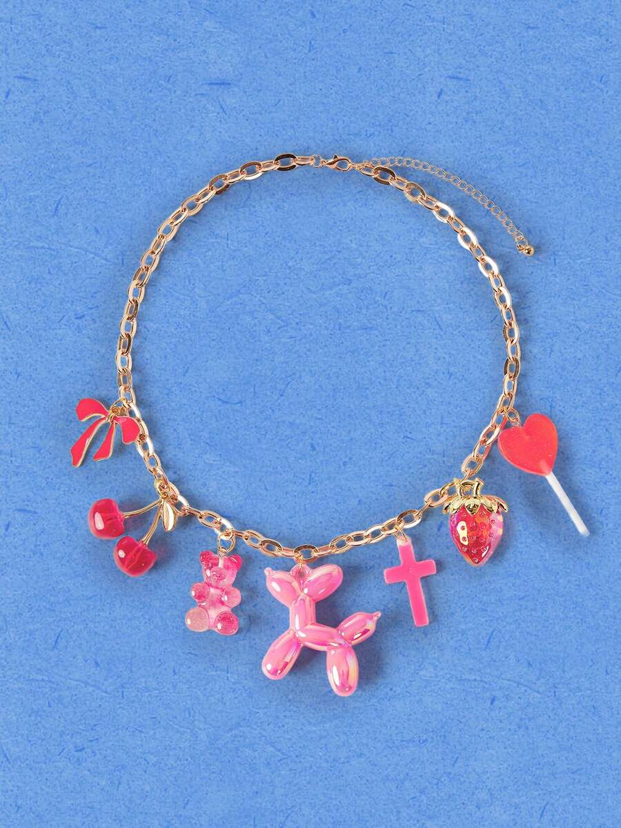 Popjeli 1pc Red & Pink Strawberry, Cherry, Bow, Bear, Lollipop, Dog Pendant Necklace, Funky Jewelry Gift For Women Suitable For Summer, Date, Party - Multicolor - View 1