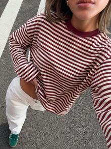 Women's Casual Top, Striped Color Block Ribbed Everyday Wear Spring - Red Apricot - View 3