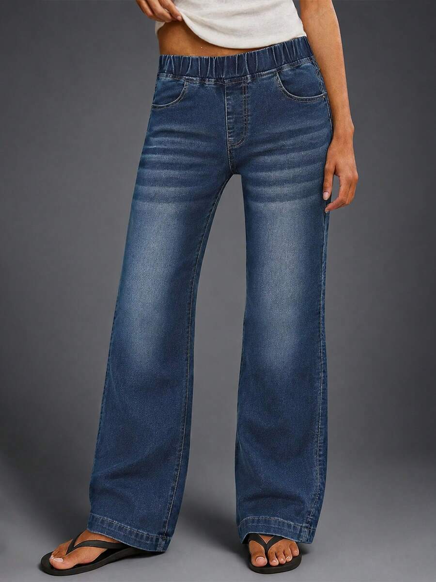 New Women's Elastic Waist Fashion Straight Leg Jeans Casual - Navy Blue - View 1