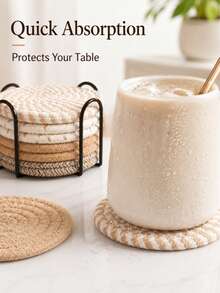 Minimalist Woven Coaster Set With Storage Rack, 4-Color Absorbent Drink Coasters, Heat-Resistant Thickened Insulation Pads, Suitable For Coffee Cups, Mugs And Glass Cups, Kitchen Tabletop Protection And Home Decor - Multicolor - View 11