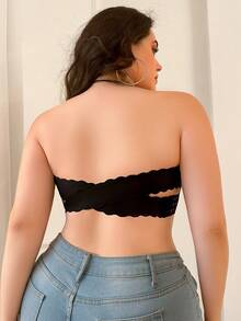 1pc Women's Wireless Seamless Bandeau Bra, Solid Color Wavy Trim Cross Hollow Back Multi-Hook Plus Size Support Padded Invisible Casual Bandeau Lingerie - Black - View 2