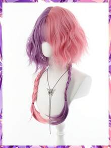 Short Pink And Purple Gradient Heat Resistant Synthetic Cosplay Wig For Anime Characters Halloween Role Play Party Layered Fluffy Style With Natural Curl Ends - Two-Tone - View 4