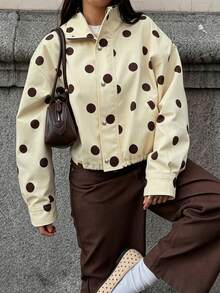 Spring/Autumn Yellow-Brown Polka Dot Short Jacket, Elegant Casual Style, Loose Fit, Button Closure, Versatile Outerwear - Multicolor - View 3